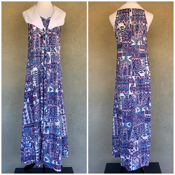 🌺 Vintage Barkcloth Maxi-Dress Muu-Muu 1970s - Picture 3 of 8
